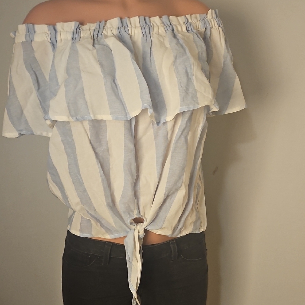 Derek Heart Blue and White Striped Off-Shoulder Top